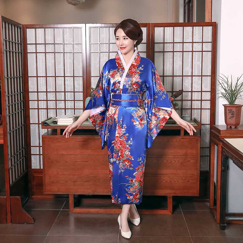Rayon Blue Women Kimono Gown Cosplay Costume Long Print Flower Stage Performance Clothing Japanese Style Yukata With Obi
Rayon Blue Women Kimono Gown Cosplay Costume Long Print Flower Stage Performance Clothing Japanese Style Yukata With Obi