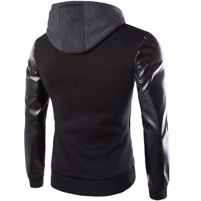 Cool Hooded Jacket Men 2017 Spring Fashion Pu Leather Sleeve Splice Bomber Jacket Casual Windbreaker Blouson Veste Sweat HommeMX191012