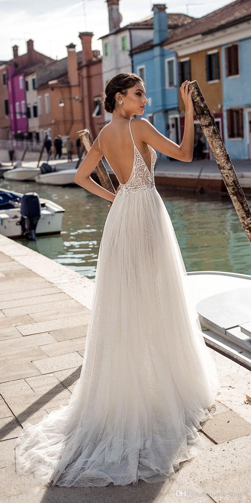 Gali Karten 2020 Beach Wedding Dresses Side Split Spaghetti Sexy Illusion Boho A-Line Wedding Dresses Pearls Backless Bohemian Bridal Gowns