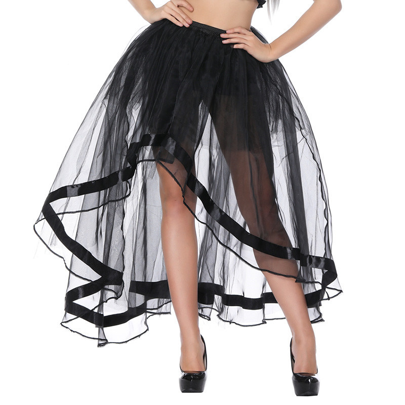 Women Elastic Waist Black Mesh Tulle Hi-lo Floor Length Long Swing Skirt for Burlesque Corset Top Perfect Halloween Outfit Skirts Plus Size