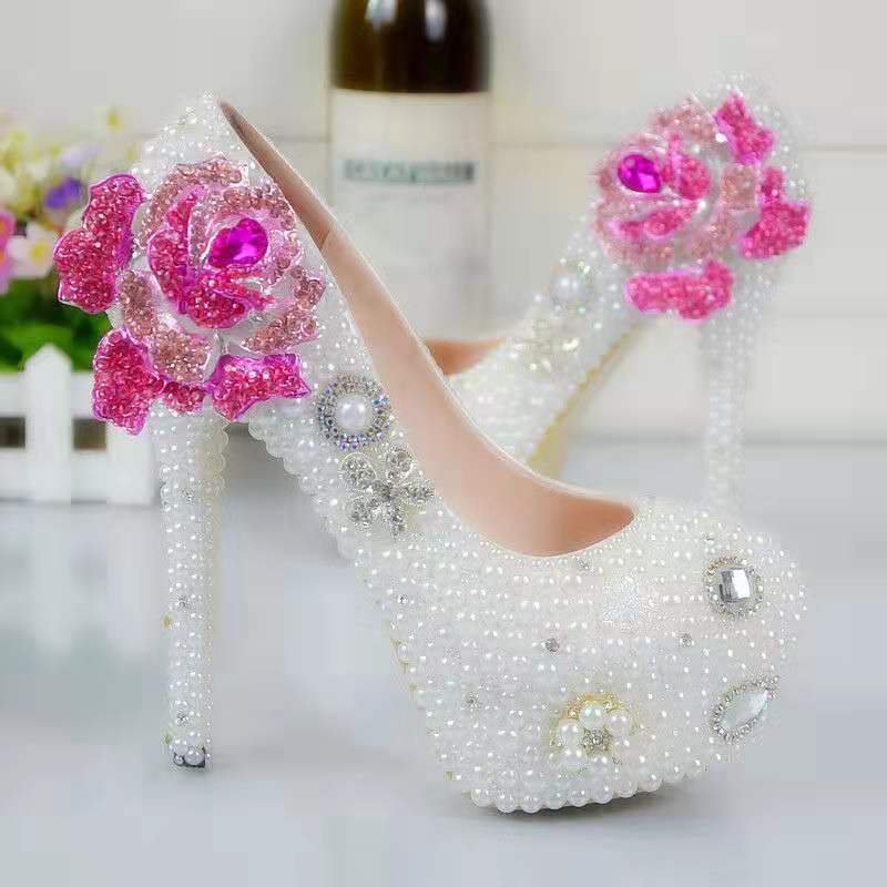 Pearls Flower Wedding Shoes Diamond Rose Pumps High Heels Bridal Shoes 14cm Bling Bling Prom Shoes for Lady
