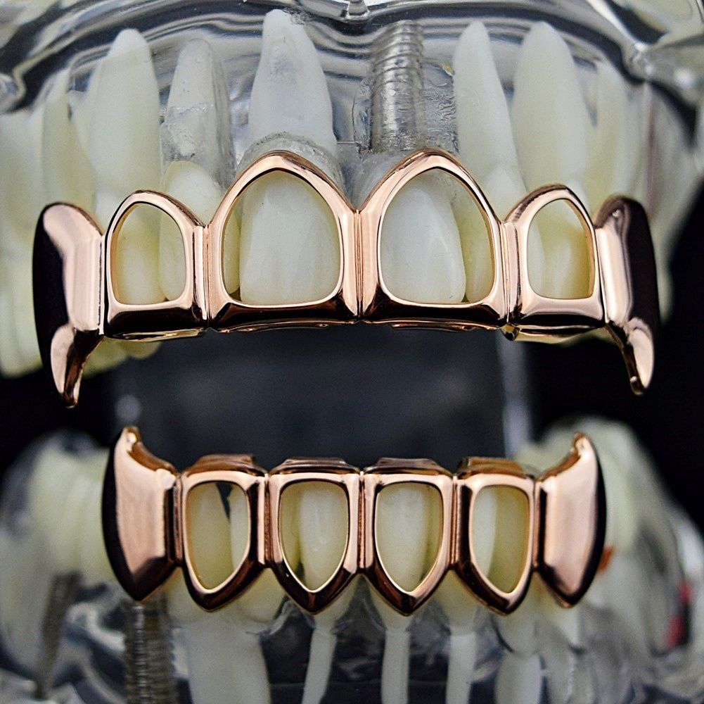 Rose Gold Color Plated Vampire Four Open Face Hallow Gold Grillz Set For Christmas New Hot, Black
Rose Gold Color Plated Vampire Four Open Face Hallow Gold Grillz Set For Christmas New Hot, Black