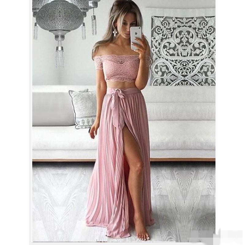 Dusty Pink Charming Two Piece Evening Dresses Ruched Lace Off The Shoulder Front High Slit Prom Party Dress Formal Ocn Wear