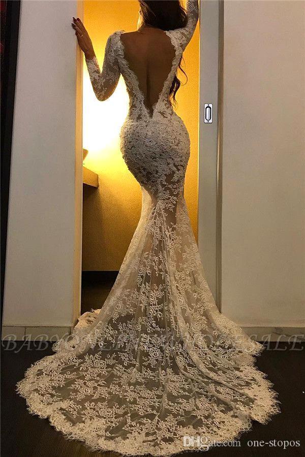 Sexy Backless Mermaid Lace Prom Dresses Arabic Full Lace Long Sleeve Evening Gowns Women Formal Party Pageant Bridesmaid Dress