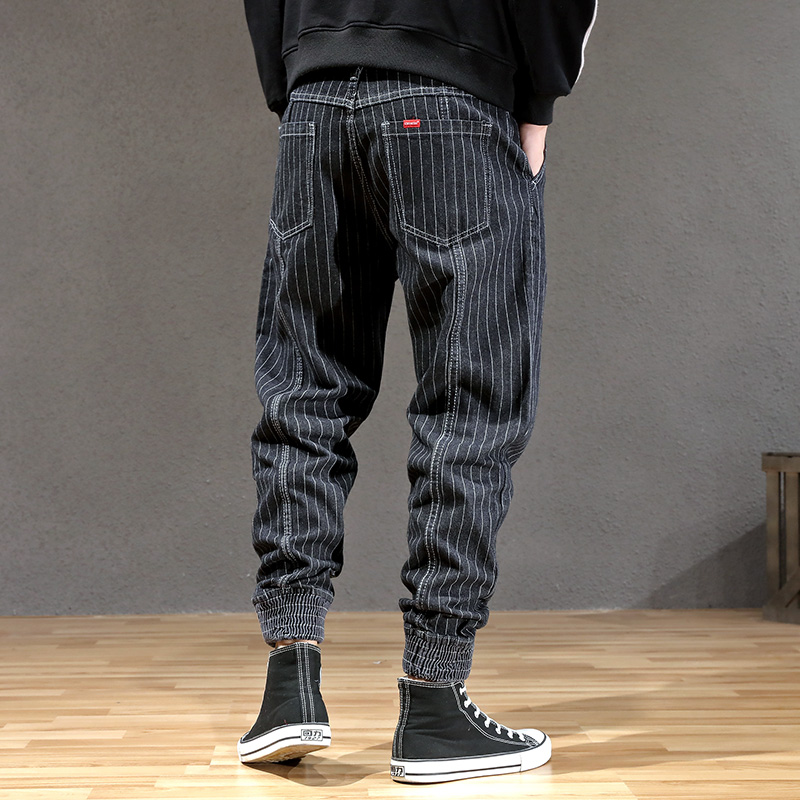 Japanese Style Fashion Men Jeans Stripe Designer Loose Fit Cargo Pants hombre Slack Bottom Streetwear Hip Hop Joggers Jeans Men