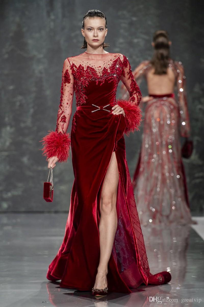 ziad nakad red evening dresses velvet feather beads lace split prom gowns plus size formal party dress robes de soire