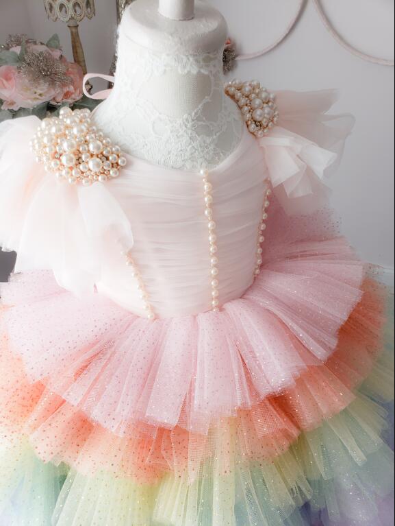 2020 Rainbow Flower Girl Dresses Ruffled Lace Tiered Pearl Glitter Girl Pageant Gowns Custom Made First Communion Dress