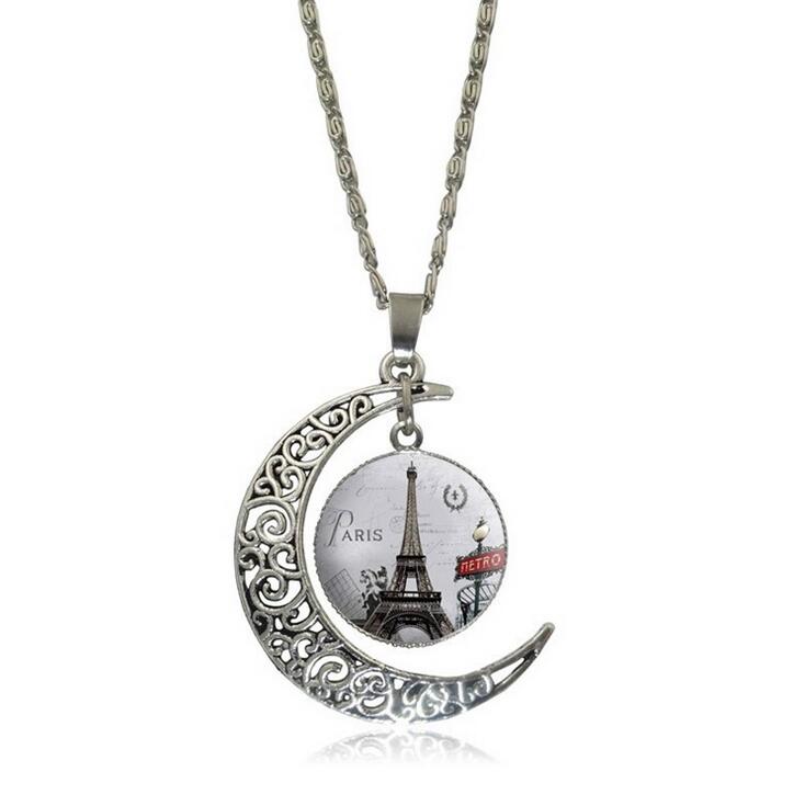Openwork carved moon Eiffel Tower time gemstone necklace DJN173 mix order Pendant Necklaces jewelry