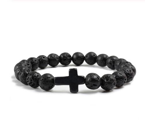Charm Natural Stone Bracelet Cross Black Lava Matte Beaded Bracelets Handmade Men Women Prayer Fitness Chain Couple Jewelry Gift GD53