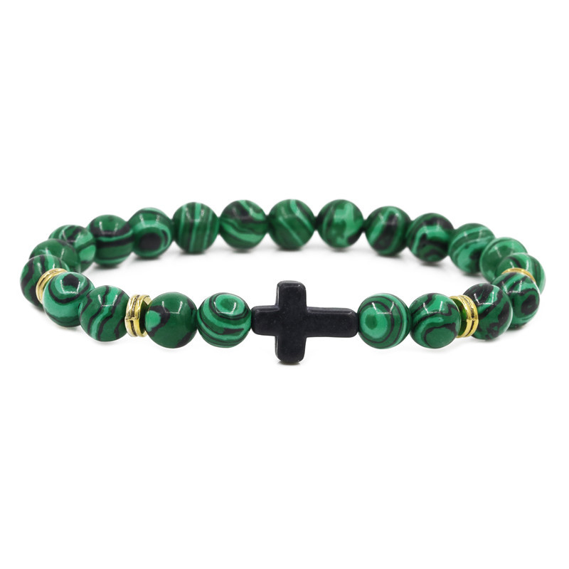 Personality White Turquoise Volcanic Rocks Tigers's eye Bead Bracelet Men Womens Natural Gemstone Cross Charms Stackable Bracelet Jewelry
