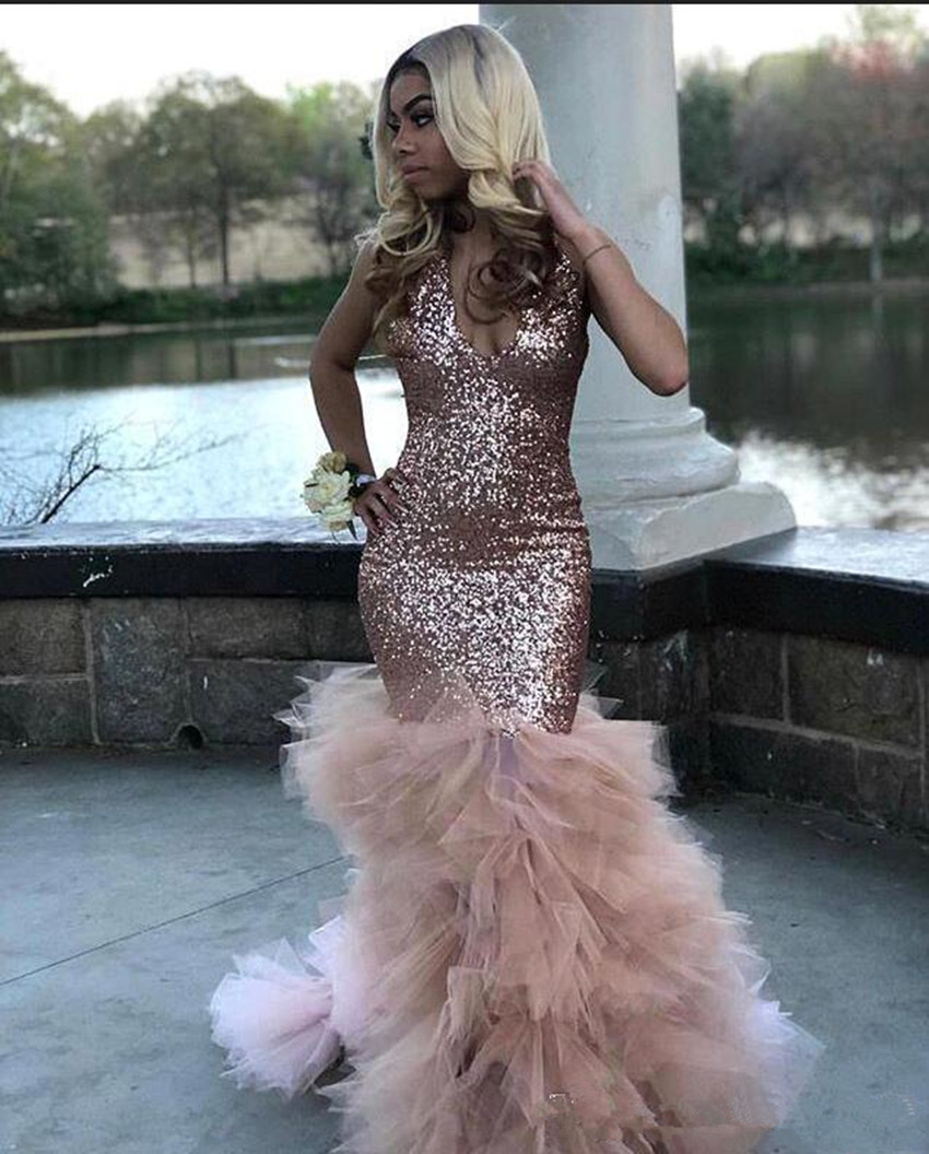 Black Girls Sequins Mermaid Rose Pink Long Prom Dresses 2020 New Sexy Halter Deep V Neck Organza Skirt Evening Party Gowns 1475