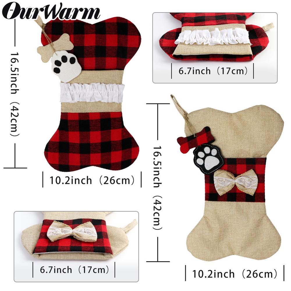 Big Plaid Puppy Dog Christmas Stocking 42cm*26cm Cotton and Burlap Bone Christmas Gift Bags for Dog