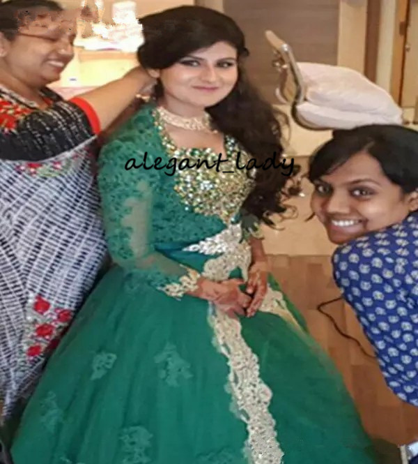 Crystal India Muslim Wedding Dresses with Long Sleeve 2019 Modest Emelard Green Lace Saudi Arabian Dubai Caftan Bridal Wedding Gown