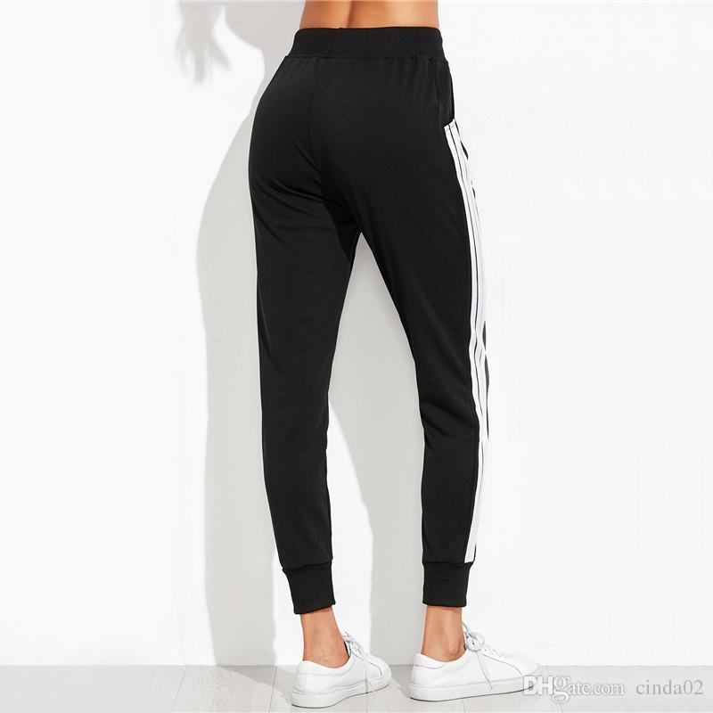 Women Casual Pants Drawstring Waist Loose Pants For Women Autumn Black Striped Side Sweat Pants Sweatpants