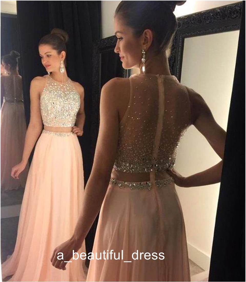 Elegant Fake Two Pieces Chiffon Long Prom Dresses Sheer Tulle Beaded Stones Top Floor Length Formal Party Evening Dresses ED1250