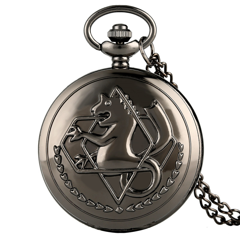 

Fashion Black Fullmetal Alchemist Analog Quartz Pocket Watch Cosplay Edward Elric Anime Design Pendant Necklace Chain Ideal Gift for Men Wome