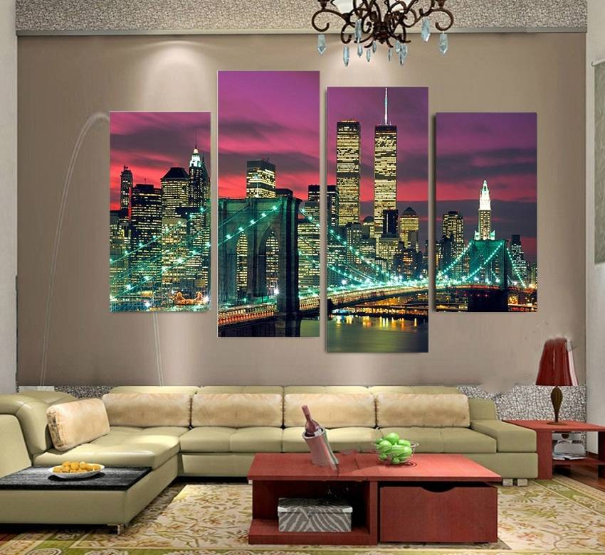 4pcs/set Unframed Red New York Sunset Landscape panting Oil Painting On Canvas Giclee Wall Art Painting Art Picture For Home