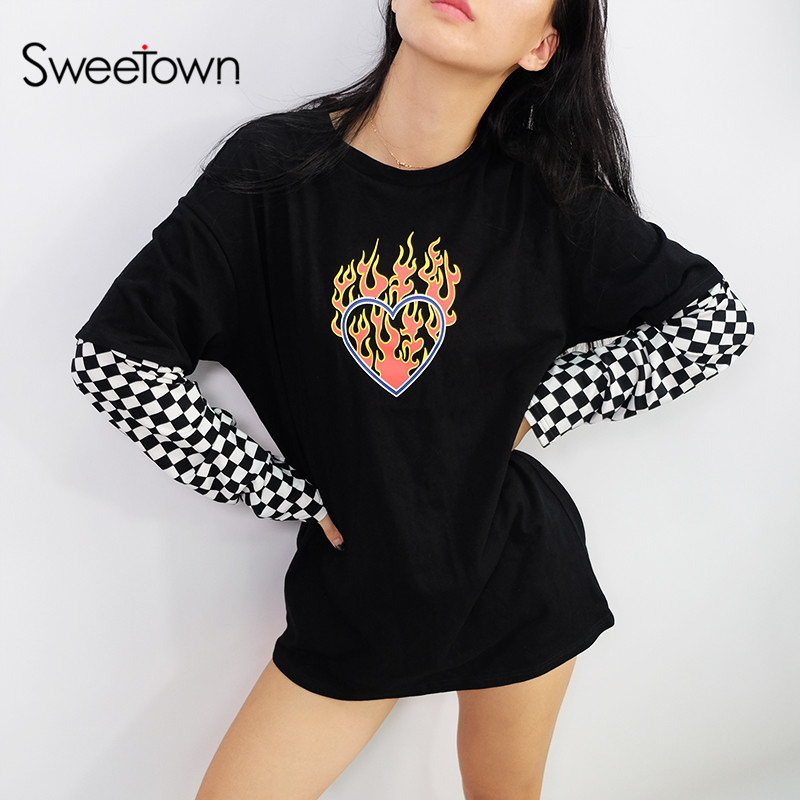 Sweetown Oversized Cotton Long Sleeve T Shirt Checkerboard Patchwork Graphic Tees Women Autumn 2018 Plus Size Harajuku Tshirt V191019
