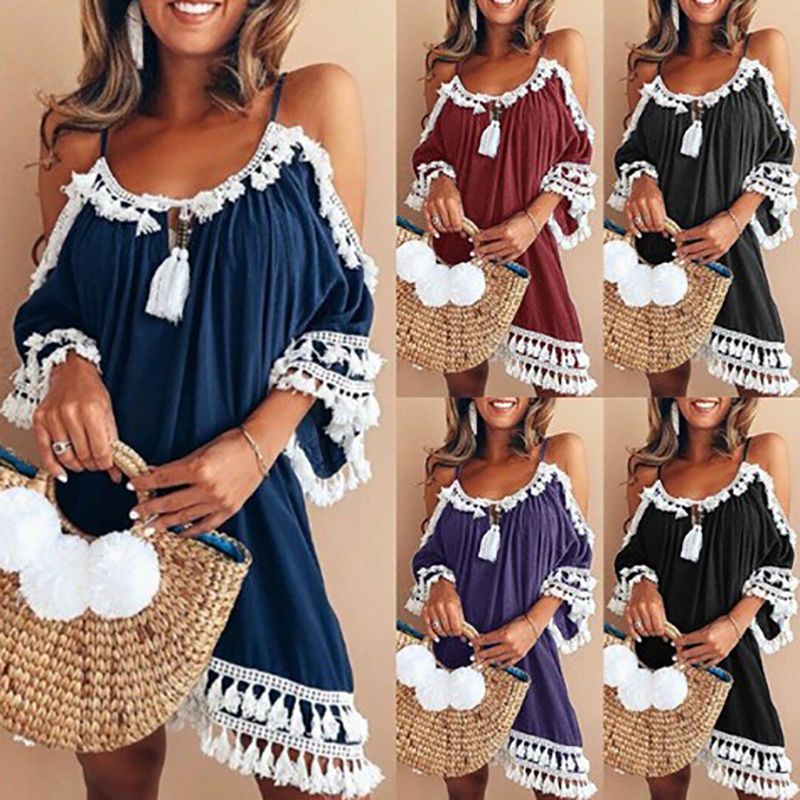 Women White Lace Dress Casual Spaghetti Strap Tassel Patchwork Loose Dress Plus Size XXXL Summer D