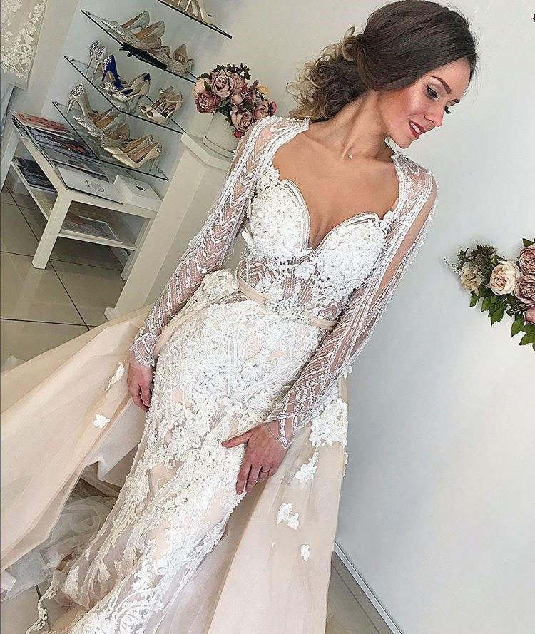 Cheap Long Sleeve Mermaid Wedding Dress Lace Appliques with Overskirt Garden Country Church Bride Bridal Gown Custom Made Plus Size