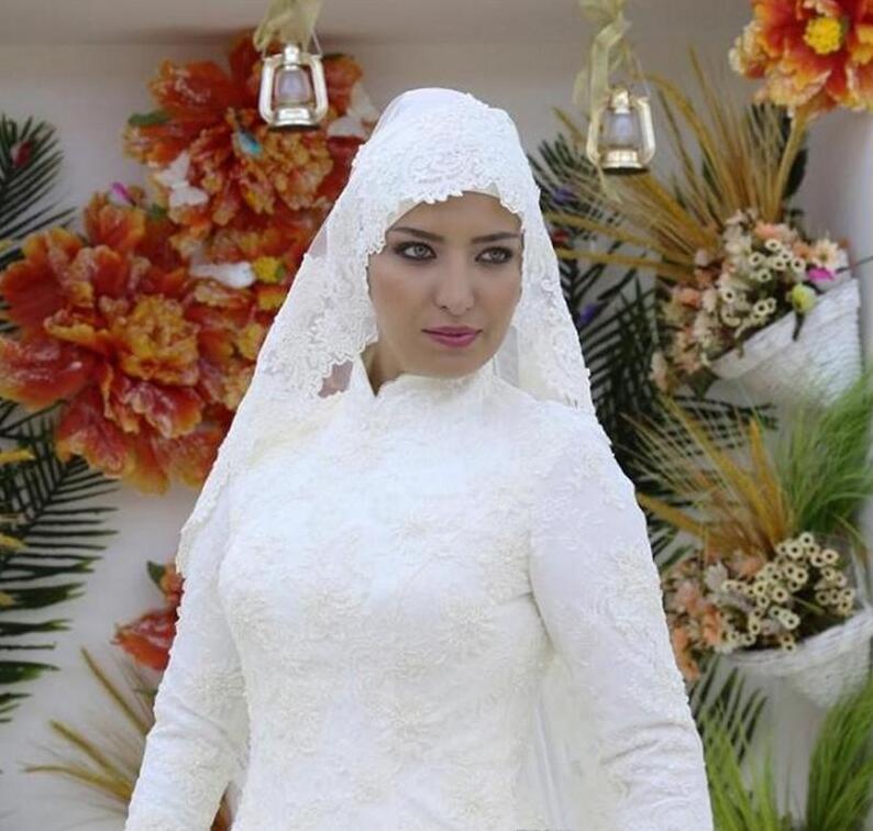 vintage Muslim Wedding Dresses Long Sleeves lace High Collar Lace Saudi Arabia Bridal Gowns ruche Wedding Gown Vestidos De Novia 2019