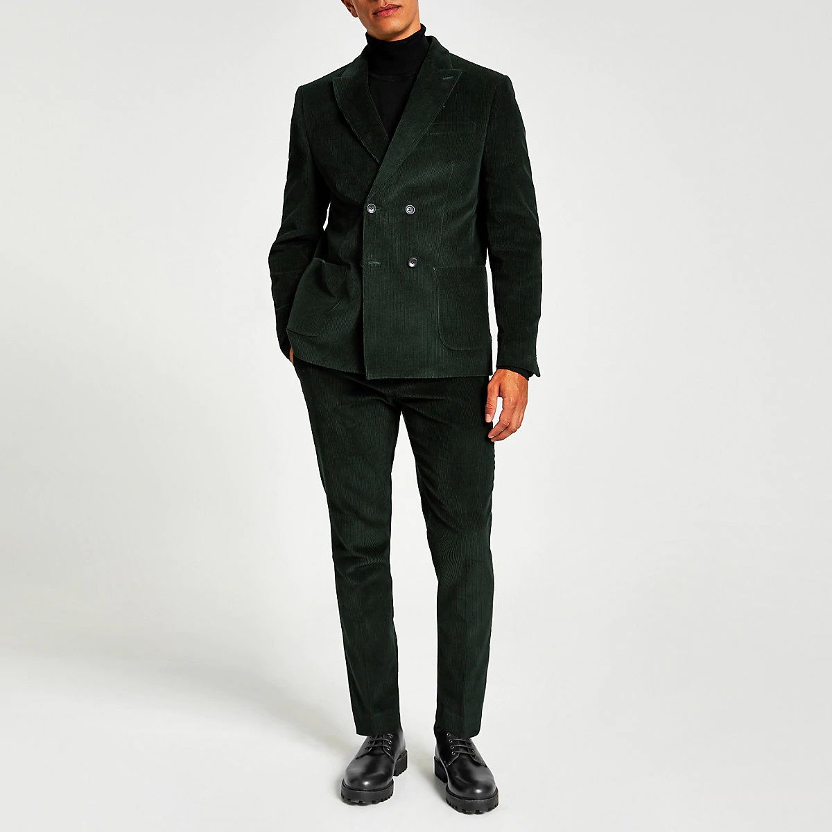 Dark Green Wool Blend Stripe Men Wedding Suits Double Breasted Peaked Lapel Groom Wear Formal Prom Suit(Jacket+Pants)