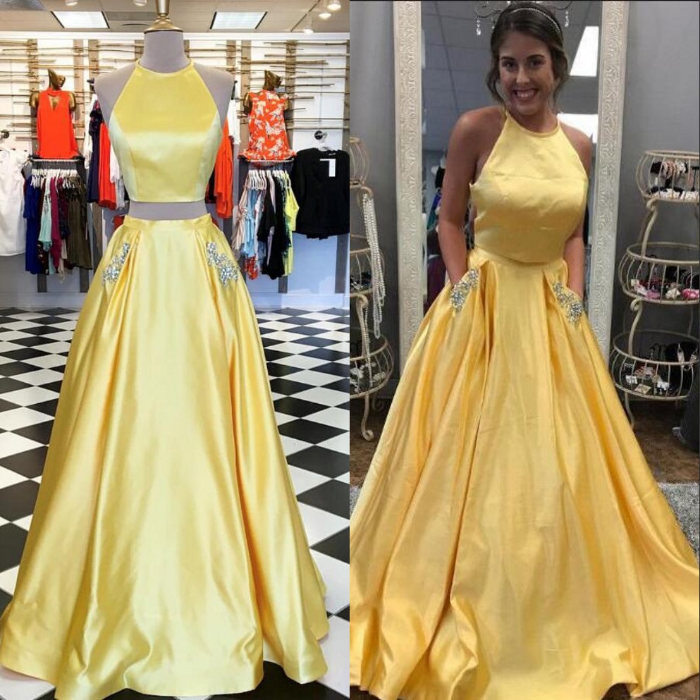 Yellow Two Pieces Prom Dresses 2019 Beads Pockets Formal Evening Party Pageant Gowns Special Occasion Dress Dubai 2k19 Black Girl Couple Day