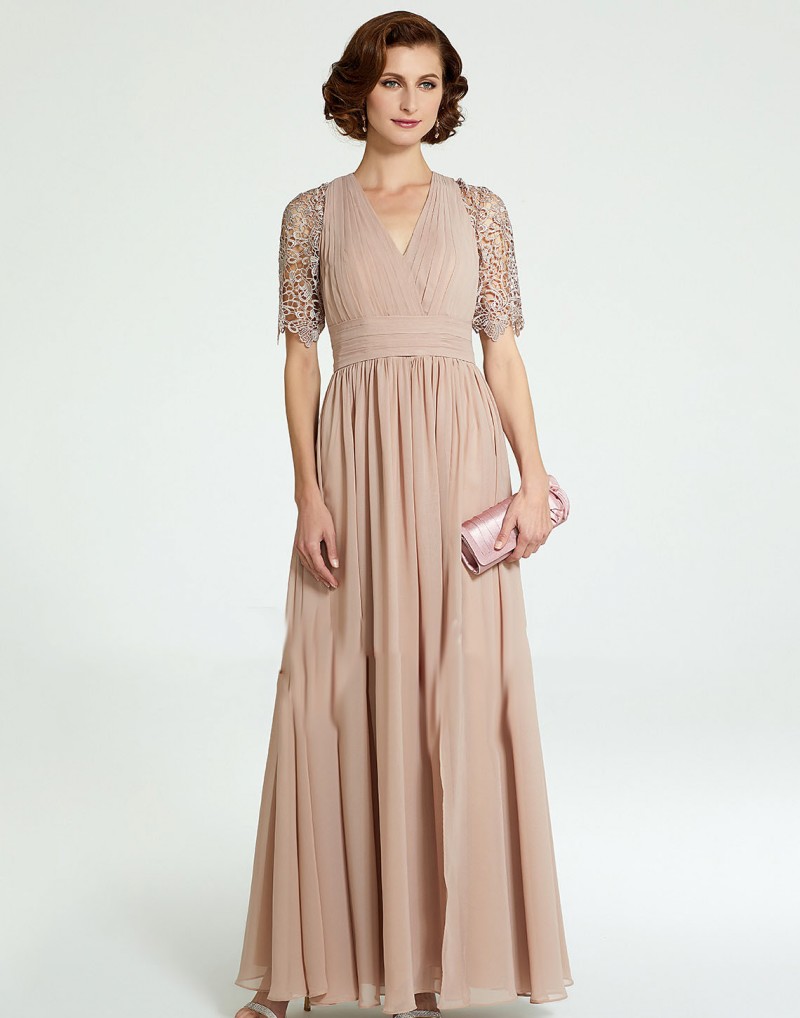 2019 Champagne Mother Of The Bride Dresses Lace Appliqued Short Sleeve Chiffon Custom Made Wedding Guest Dress Plus Size Prom Gowns