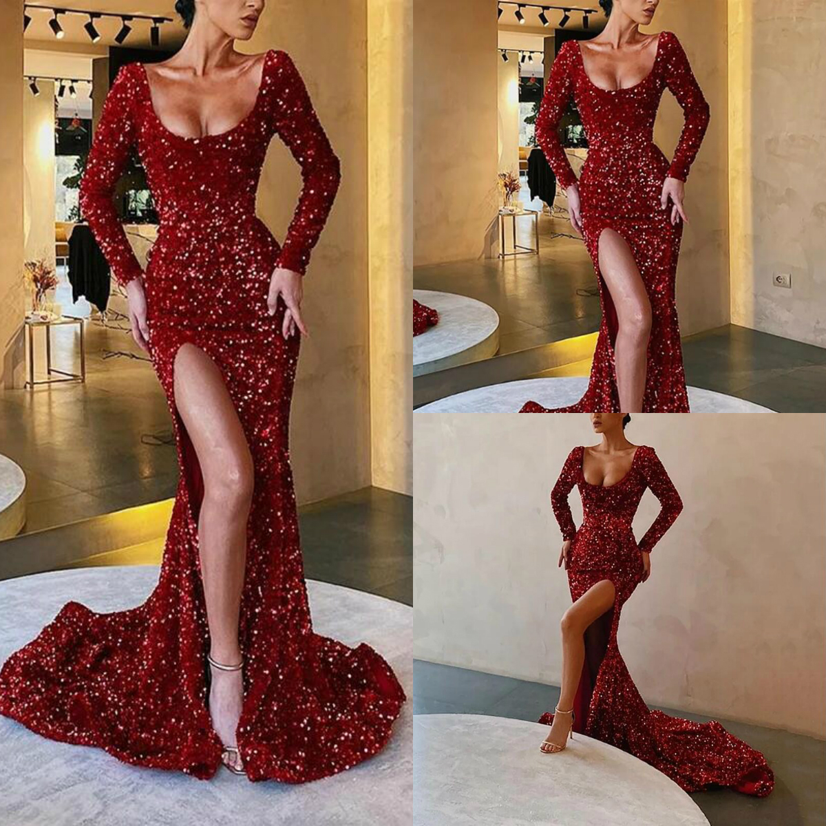 2020 Plunging Neck Sparkly Red Mermaid Evening Dresses Sequins High Side Split Prom Dress Long Sleeve robe de soiree Abendkleider