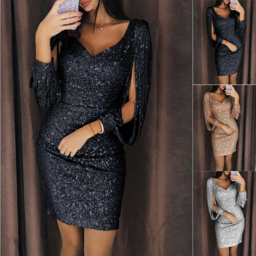 Fashion Sexy Women Sequin Tassels Bandage Bodycon Evening Party Club Sheath Mini Dress Sundress Black Sier Rose Red B3