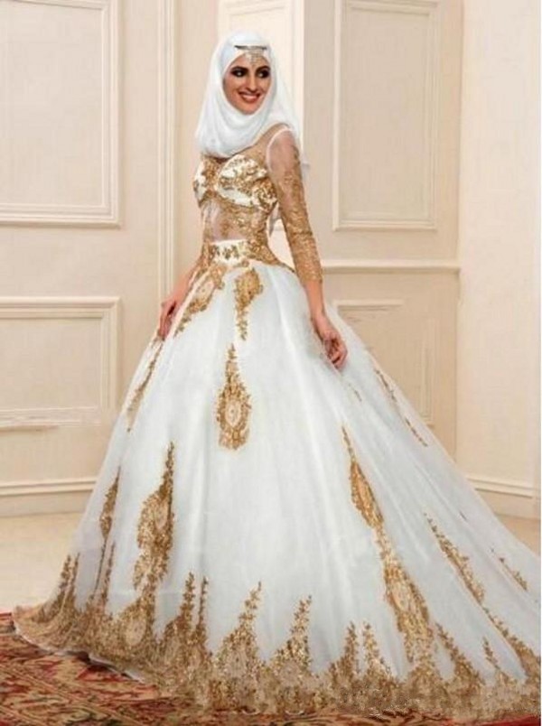 2018 muslim wedding dresses in turkey v neck illusion top 3 / 4 sleeves puffy chapel train beaded gold lace ivory tulle dress bride