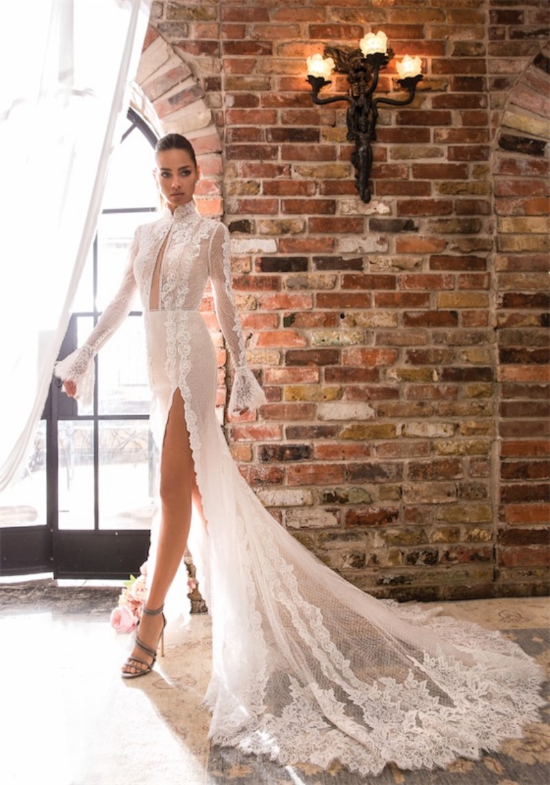 elihav sasson side split wedding dresses high neck long sleeve mermaid bridal gowns full lace open back sexy wedding dress