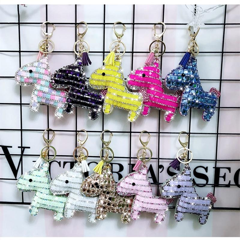 Horse Pony Animal Key Chain Crystal Rhinestone Pendant Keychain For Girl Women Leather Trinket Sparkle Metal Key Ring Bag Charm