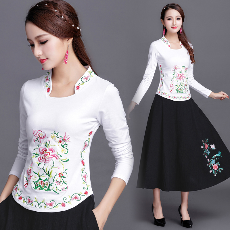 Ethnic Embroidery T Shirt Women Plus size Spring Tops Autumn Long sleeve Bottoming Cotton Tees High Collar White Ladies Clothes T200110