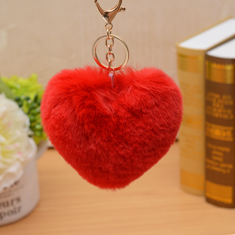 12cm Cute Fluffy Heart Keychains Women's Pom Poms Faux Rex Rabbit Fur Key Chains Girl Bag Hang Car Key Ring Jewelry Accessories