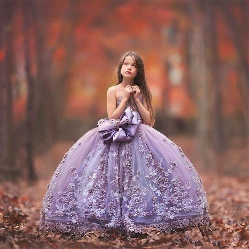 Spaghetti Ball Gown Girl's Pageant Dresses with Lace ral Appliques wer Girl Dress Cute Puffy Tulle Prom Gowns Kids Formal Wear