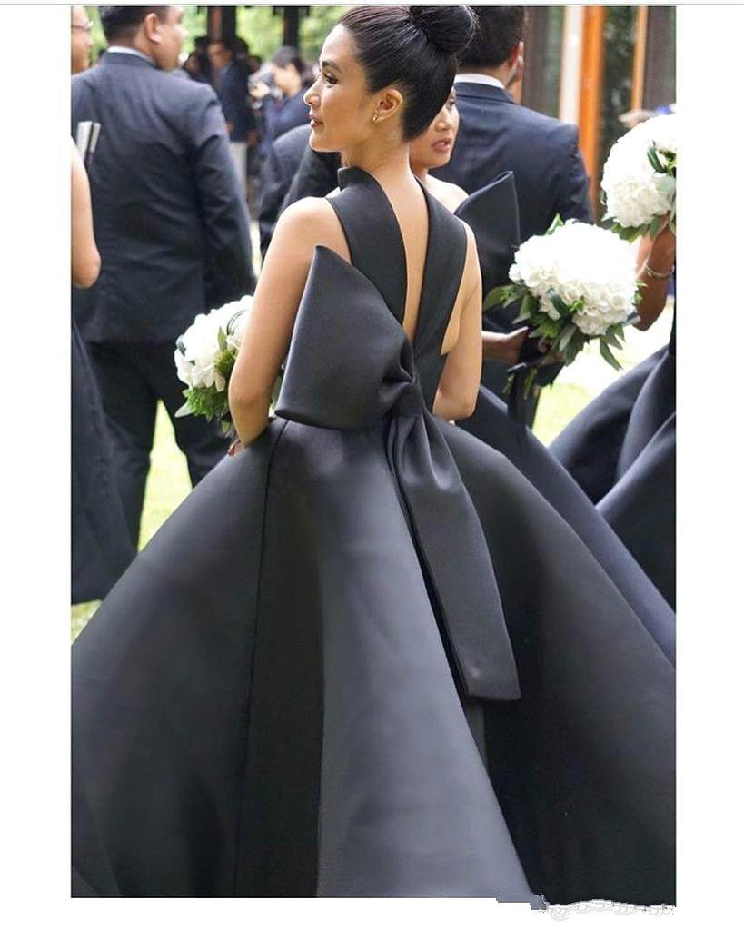 New Arrival Sexy Ball Gown Ruffles Cocktail Dresses High Neck Sleeveless Big Bow Prom Evening Gowns Party Dresses Tea Length Bridesmaid