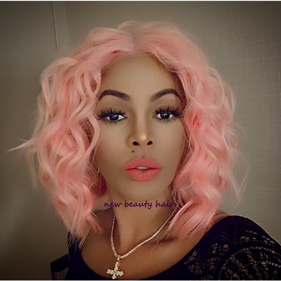 Short Wavy Pastel Pink Lace Front Wig Bob Glueless Synthetic Heat Resistant Body Wave Women Natural Hairline brazilian hair Wig