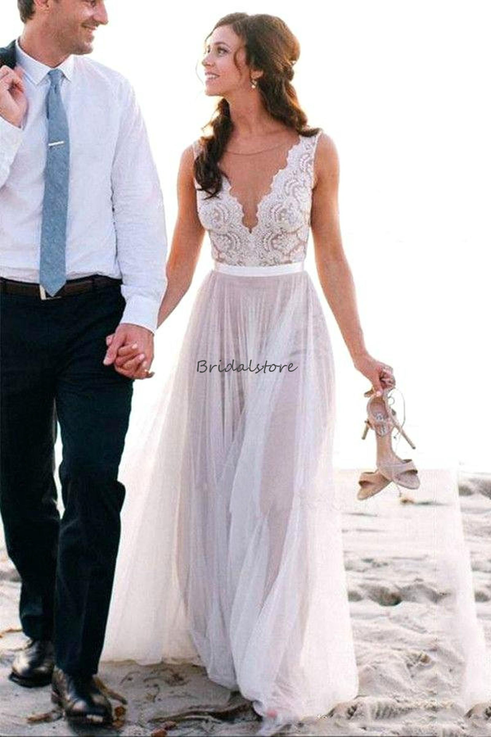 Fashion Top Lace beach wedding dresses grecian Illusion Neckline Flowy Tulle Vintage Boho Bridal Gowns Cheap button back reception Dress