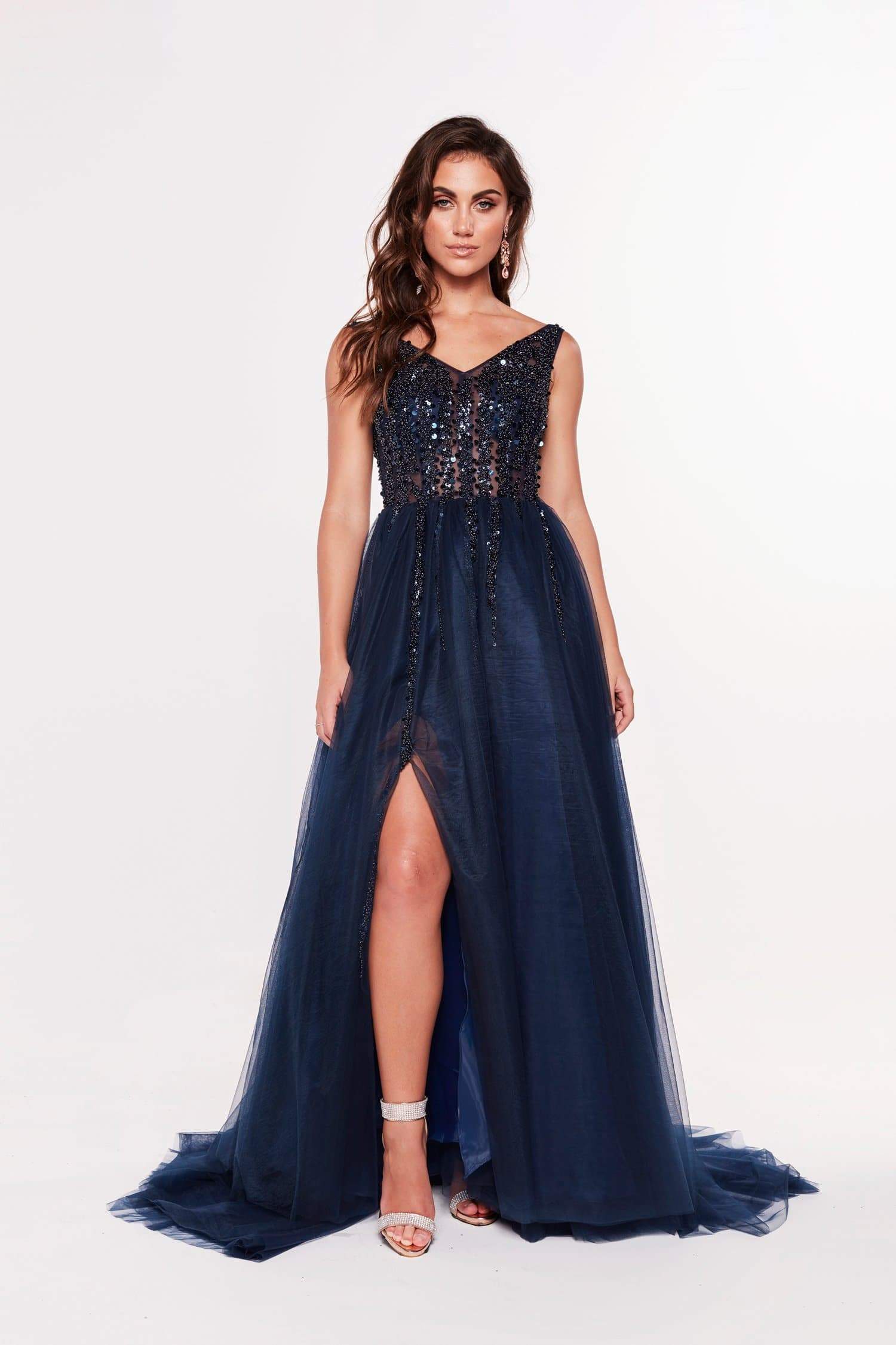 navy evening dresses v neck beaded sequins sleeveless prom gown backless ruffle high split sweep train custom made formal party gown