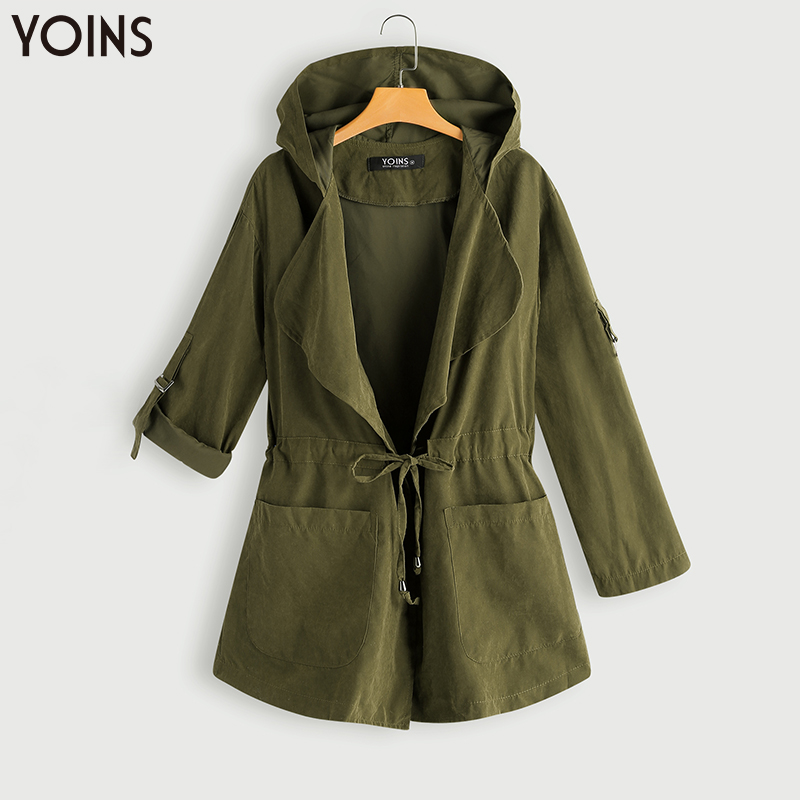 

YONIS 2019 Autumn Winter Women Trench Coats Long Sleeves Hooded Collar Twin Large Pocket Drawstring Waist Army Green Jackets