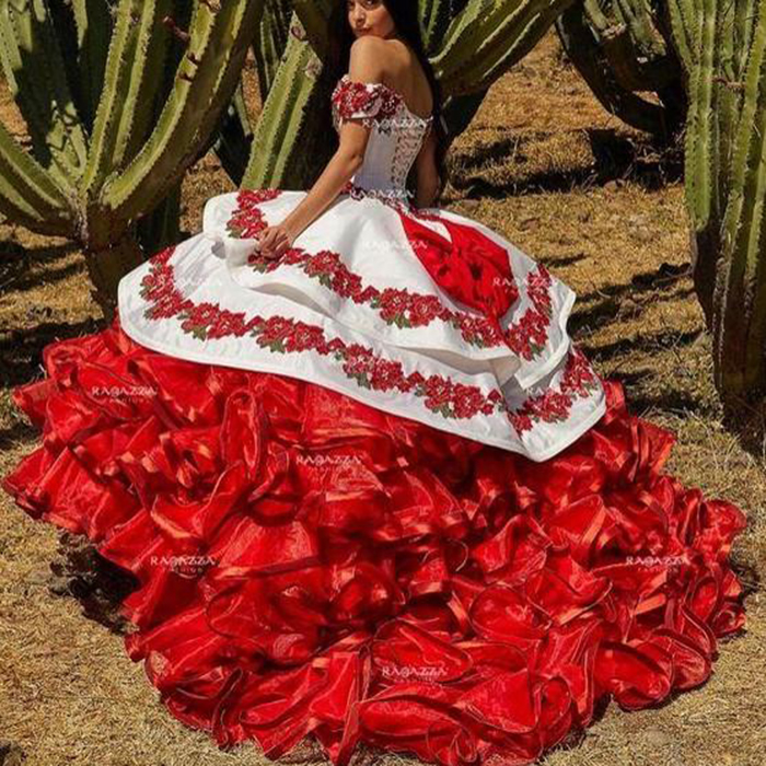 Ruffled Floral Charro Quinceanera Dresses 2020 Off Shoulder Puffy Skirt Lace Embroidery Princess Sweet 16 Girls Masquerade Prom Dress