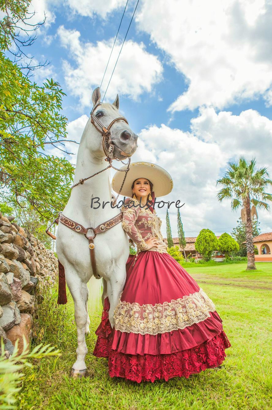 Traditional Red Mexican Quinceanera Dresses V Neck Embroidered Lace Long Sleeve Prom Cinderella Princess Cowgirl Sweet 16 Birthday Dress
