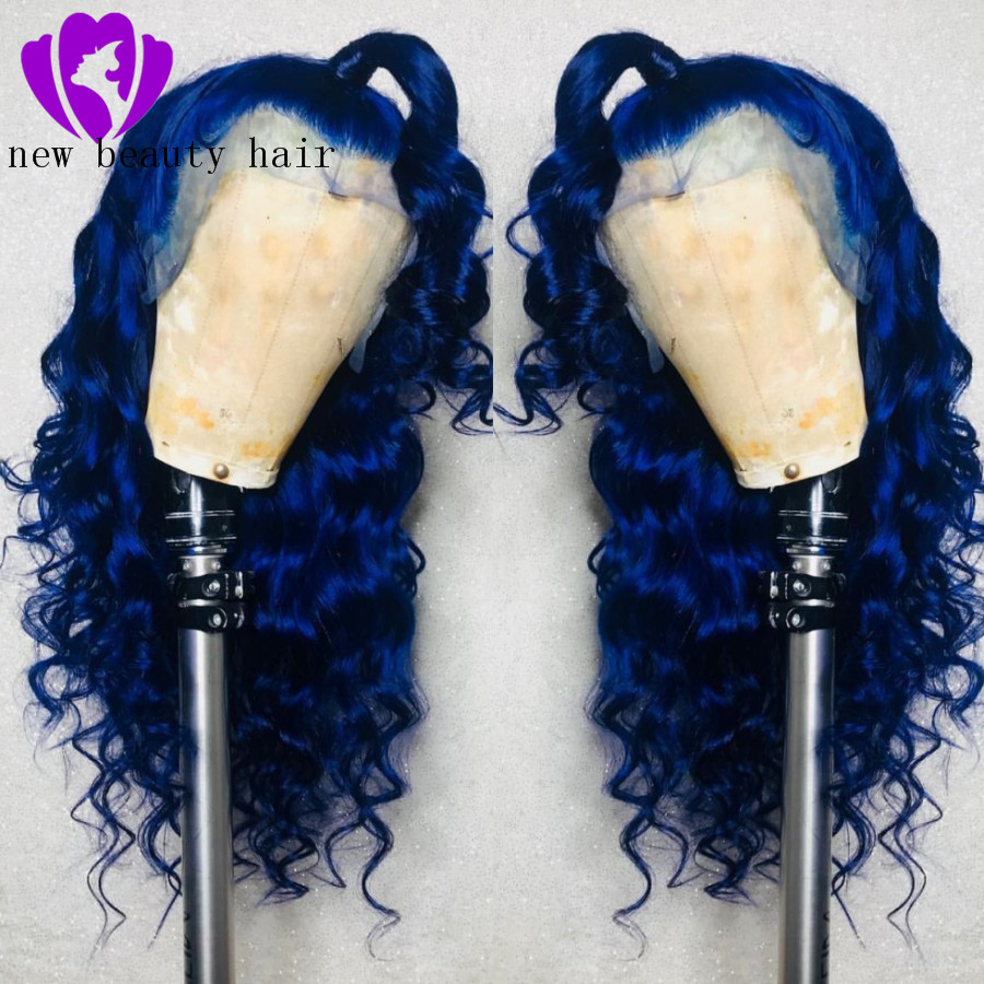New party style Blue hair color brazilian full Lace Front Wig Long deep wave Synthetic Wigs For Women can be braided