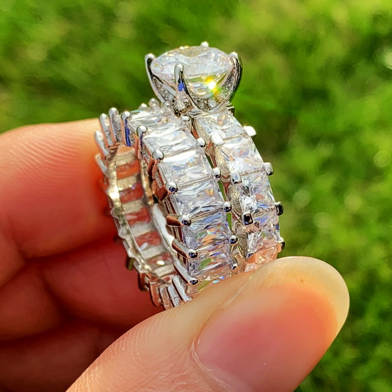 Couple Rings: Sterg Sier & Round Cut White Topaz Gemstones