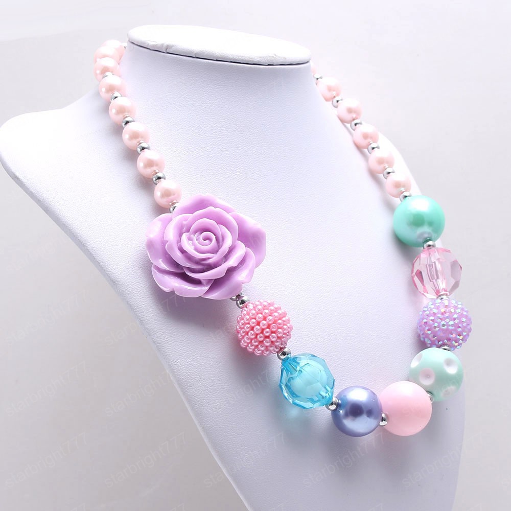 Cute Flower Kids Chunky Beads Necklace Girls Child Bubblegum Chunky Necklace Baby Toddler Beaded Jewelry For Gift
