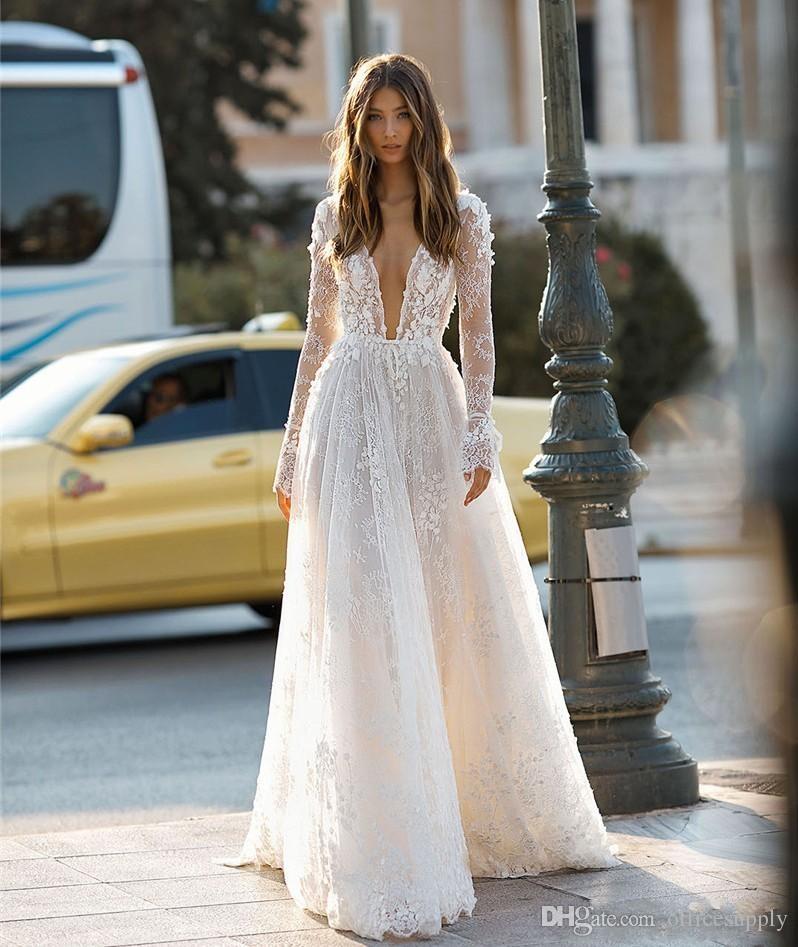 Gorgeous Lace Sexy Wedding Dresses Illusion Sheer Plunging Neck Long Sleeve Backless Summer Beach Garden Bridal Gowns Vestidos De Novia
