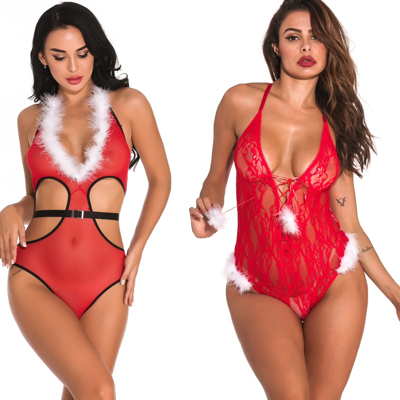 Women Sexy V-plung White Fuzzy Trim Neckline and Side Cut-out Christmas Holiday Red Mesh High-cut Teddy with Black Belt Lingerie Nightwear
