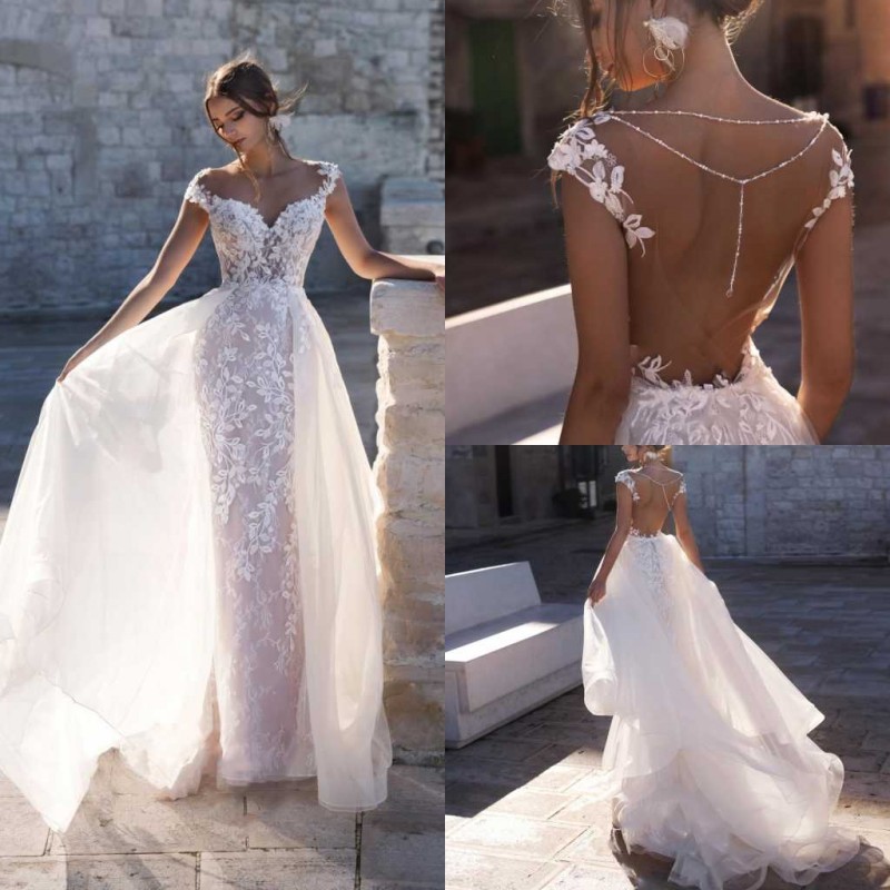2020 Naviblue Mermaid Wedding Dresses V Neck Capped Sleeveles Appliques Beading Lace Bridal Dresses with Tulle Sweep Train Wedding Dresses