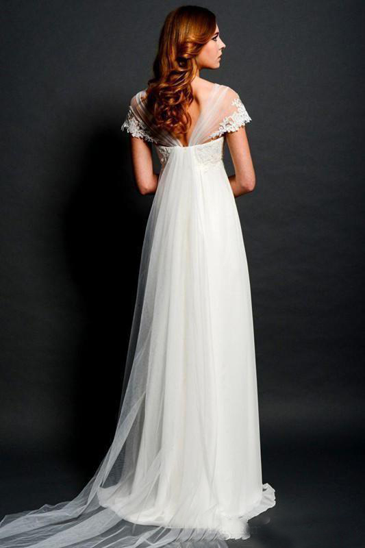 Vintage Empire Waist Wedding Dresses for Pregnant Women V Neck Illusion Back Elegant Beach Bridal Gowns Lace Applique Bride Dress